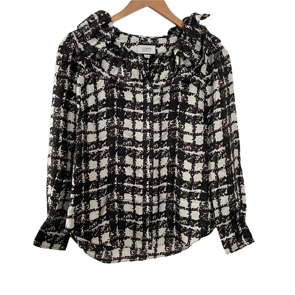 J Crew Collection Blouse XS Cream Brown Plaid Ruffle Collar Button Down Top Silk